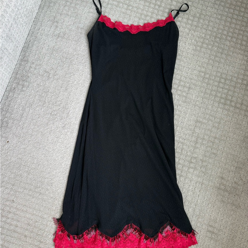 Vintage Betsey Johnson beaded Black Slip Dress with Red Lace Trim